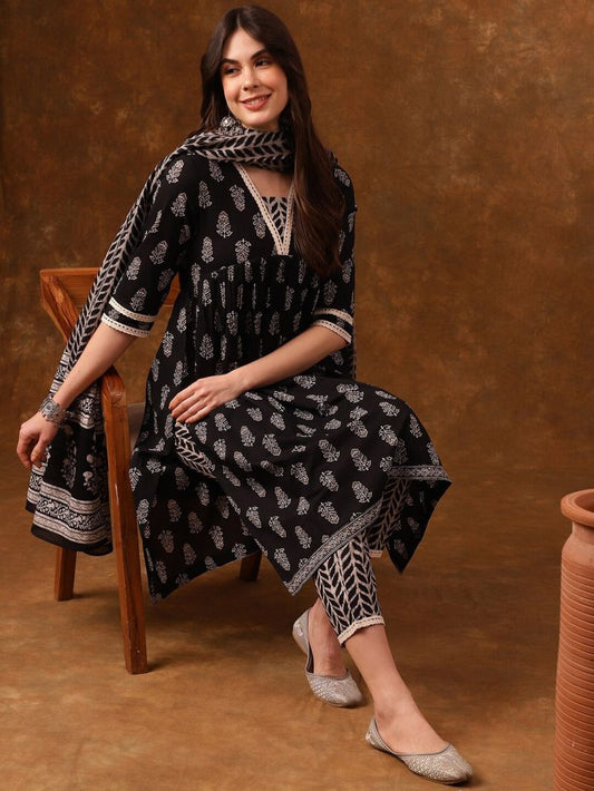 Elegant Black Printed Kurta Set with Dupatta – Timeless Ethnic Grace