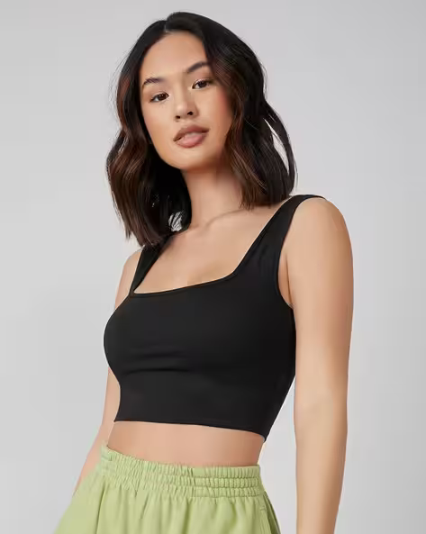 Women’s Ribbed Square Neck Crop Tank Top | Stretchable Sleeveless Camisole for Gym, Casual & Layering