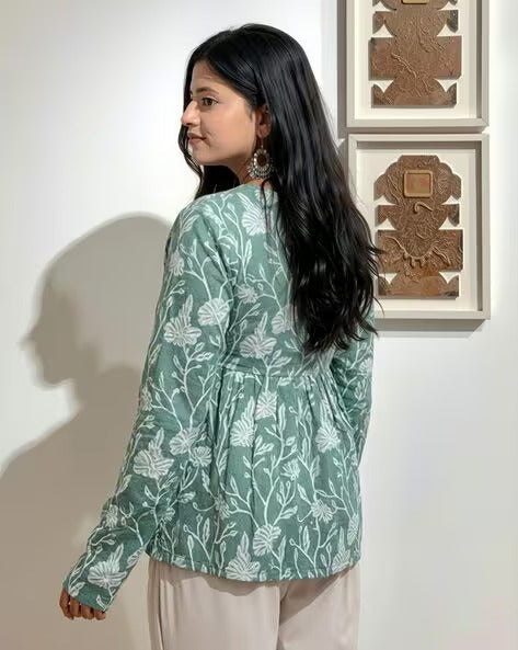 Pd Clori Sage Green Floral Printed Top | Elegant V-Neck Casual Wear for Women