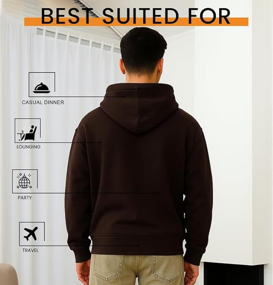 Person wearing a brown hoodie with text and icons indicating suitable activities.
