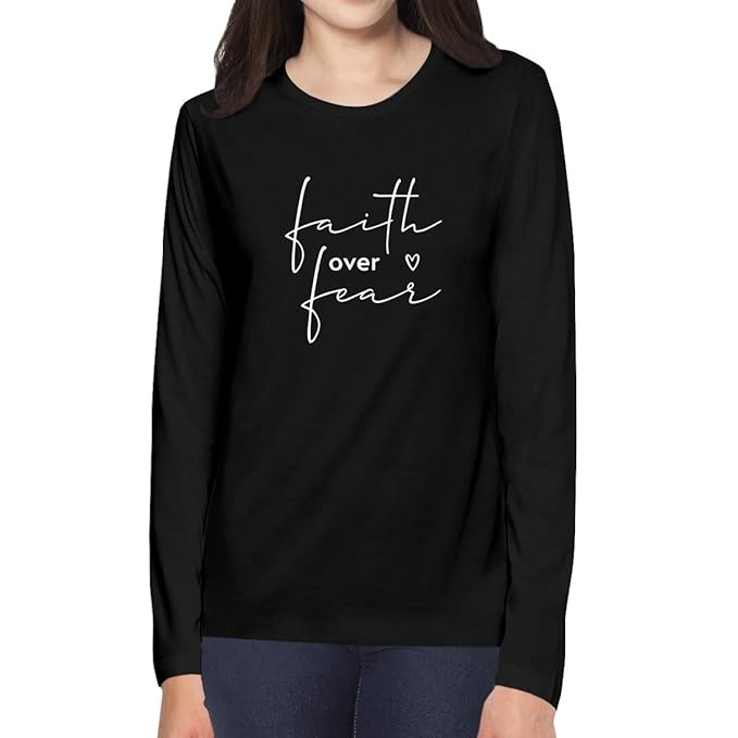 Women’s Long Sleeve T-Shirt with "Faith Over Fear" Print – Comfortable Inspirational Graphic Tee