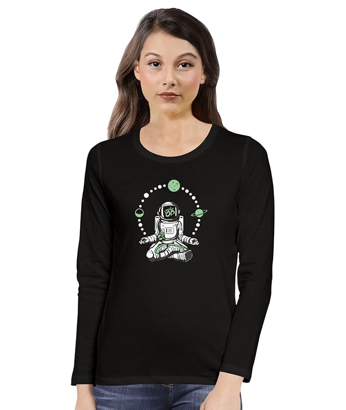 Women's Long Sleeve Black T-Shirt with Astronaut Meditation Print – Comfortable Graphic Tee for Casual Wear