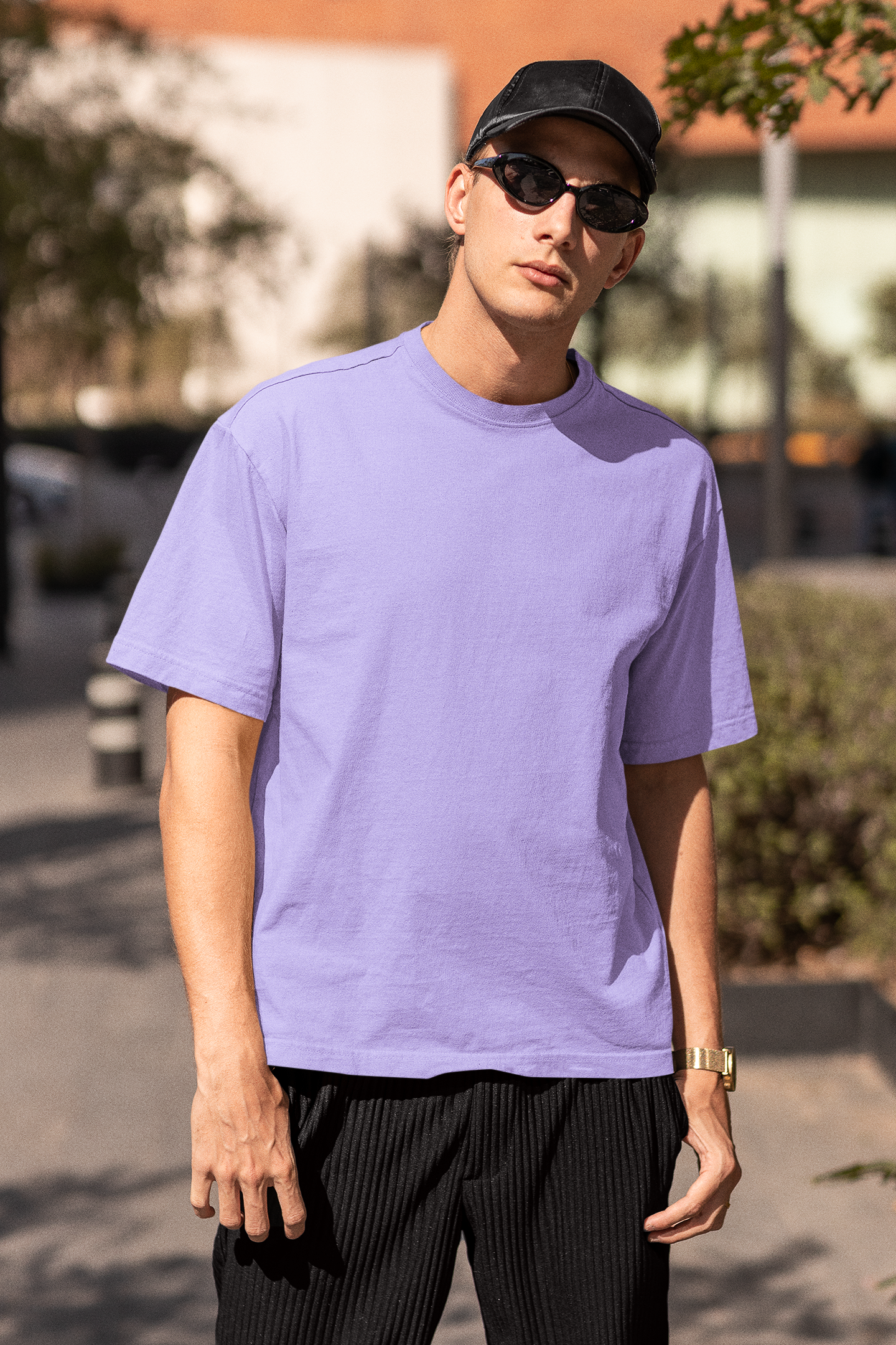 Basic Solid Oversized Men's Lavender Cotton T-shirt