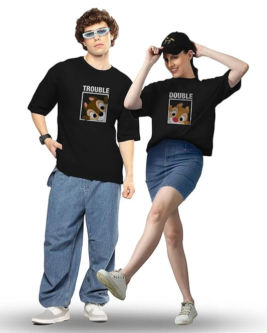 Trouble Double Cartoon Print Couple T-Shirt – Matching Tees for Couples