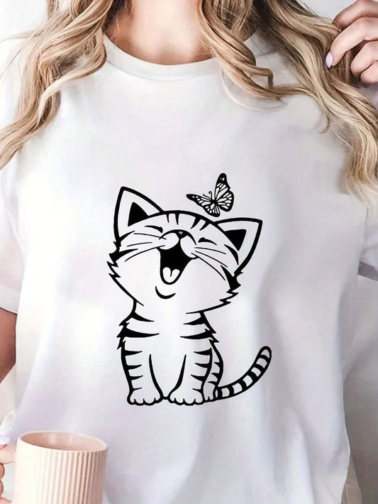Pd Clori Cute Cat & Butterfly T-Shirt | Minimal Cartoon Graphic Tee | Premium White Cotton T-Shirt