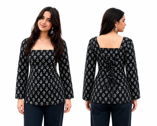 Women’s Black Floral Printed Square Neck Peplum Top – Stylish Long Sleeve Casual Top