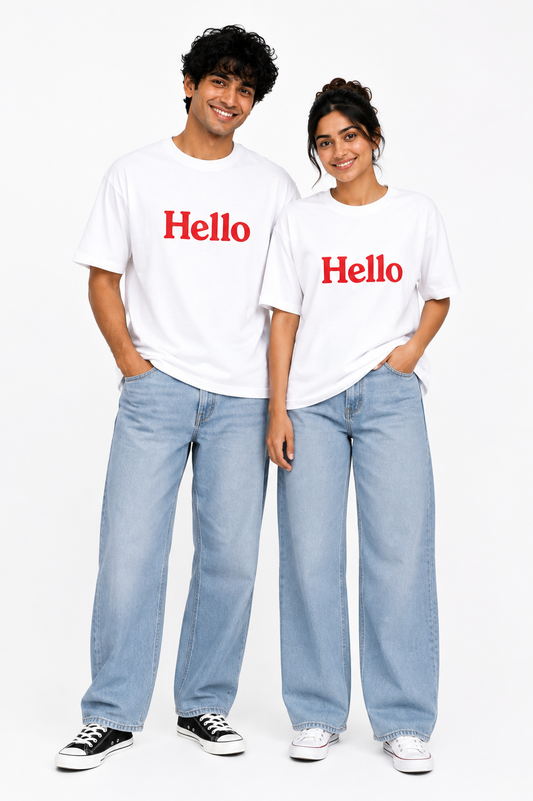 Matching Couple “Hello” Printed T-Shirts – White Unisex Couple Tees