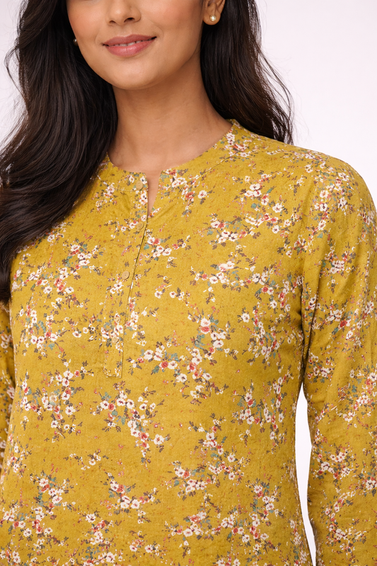 Mustard Floral Printed Straight Kurti for Women | Minimal Everyday Elegance by Pd Clori