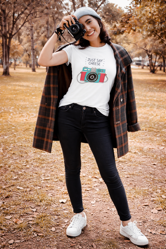 Just Say Cheese – Cute Camera Graphic T-Shirt for Women