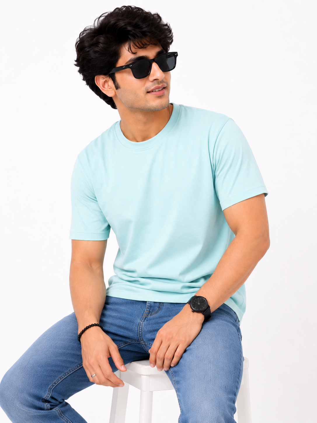 Men's Sky Blue Solid Cotton T-Shirt | Premium Round Neck Half Sleeve Casual Tee