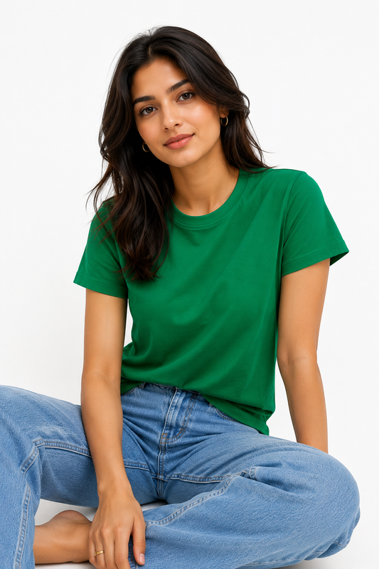 Women's Premium Solid Green Cotton T-Shirt