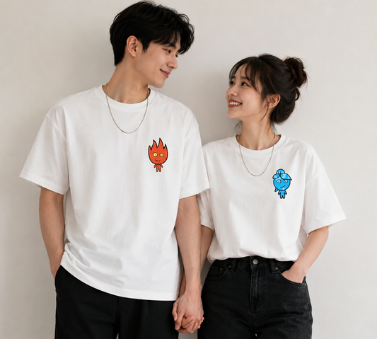 Fire & Water Pocket Graphic Matching Couple T-Shirt