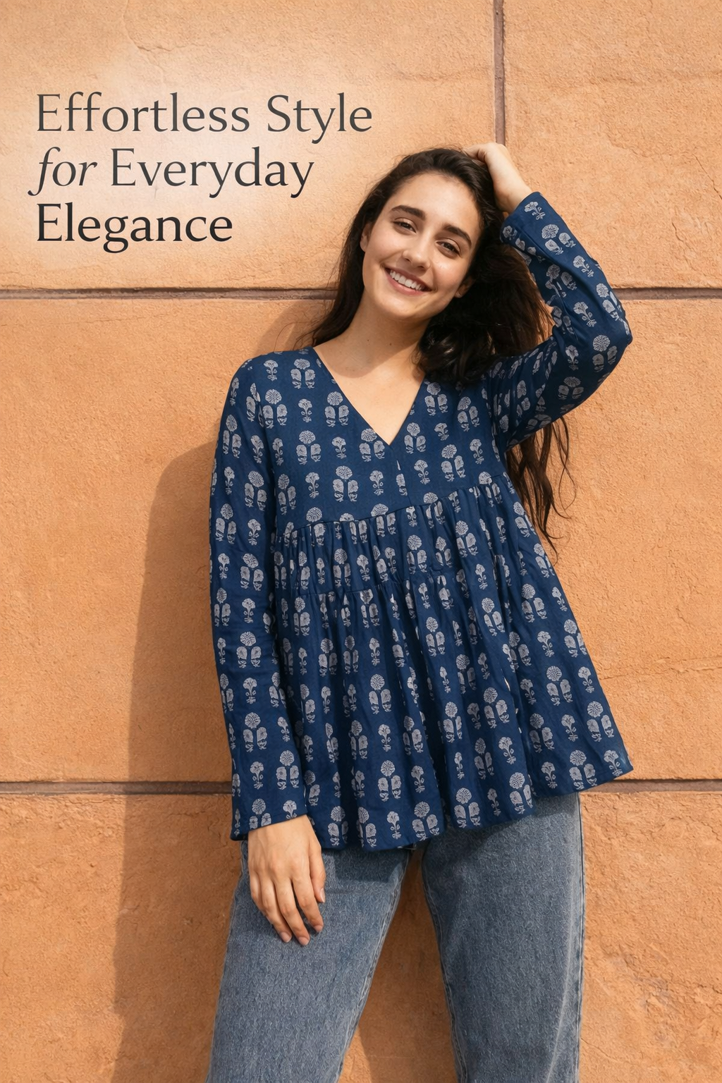 Pd Clori Effortless Elegance Printed Top | Minimal Blue Casual Wear for Women