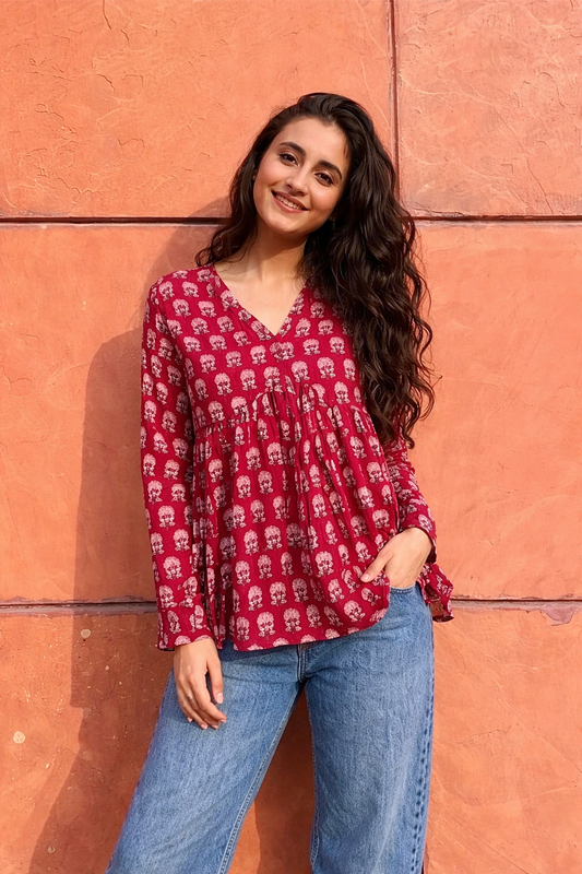 Pd Clori Effortless Elegance Printed Top | Minimal Blue Casual Wear for Women