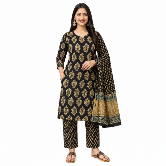 Women’s Brown & Gold Printed Kurta Pant Set with Dupatta – Elegant Ethnic Wear