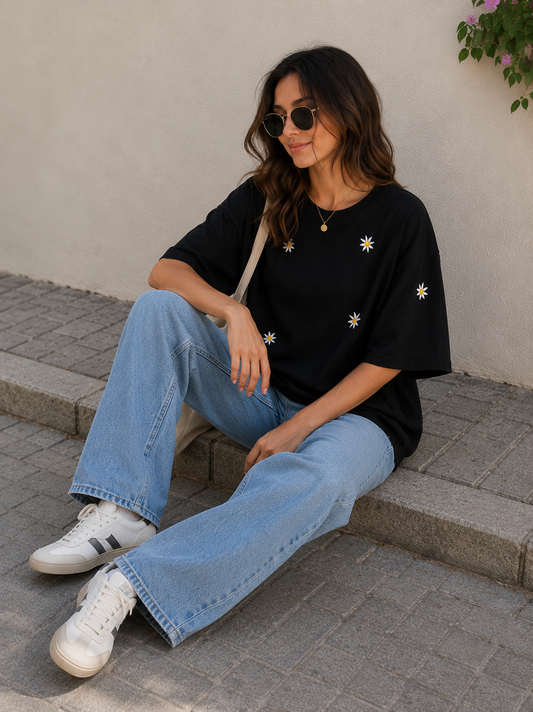 Black Oversized Daisy Printed T-Shirt for Women | Trendy Casual Oversize Tee by Pd Clori