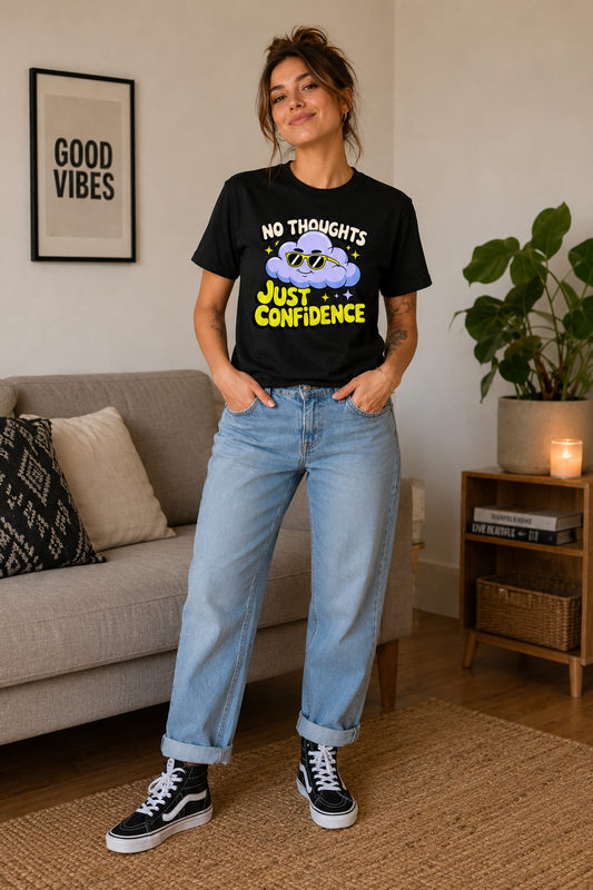 No Thoughts Just Confidence Women's Graphic T-Shirt | Funny Cloud Cartoon Casual Cotton Tee