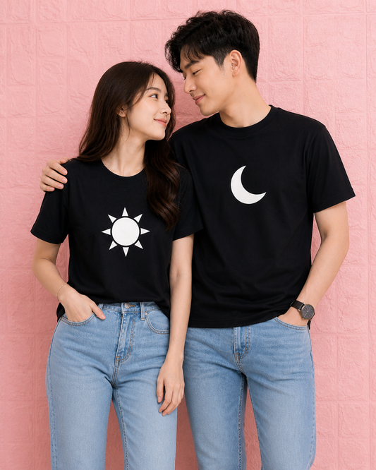 Pd Clori Sun & Moon Couple Black T-Shirt Combo