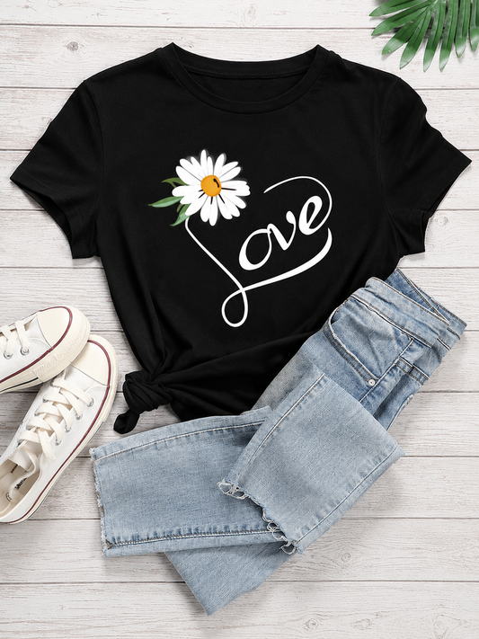 Love Daisy Graphic T-Shirt for Women | Floral Love Typography Casual Cotton Tee
