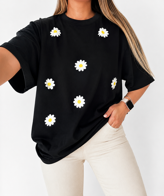 Black Daisy Printed Oversized T-Shirt for Women | Cute Aesthetic Casual Tee by Pd Clori