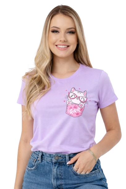 Cute Cat Pocket Graphic Lavender T-Shirt for Women | Kawaii Aesthetic Tee by Pd Clori