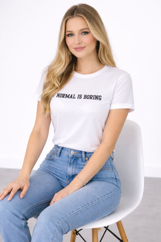 “Normal Is Boring” Minimal Quote T-Shirt for Women | Aesthetic White Cotton Tee by Pd Clori