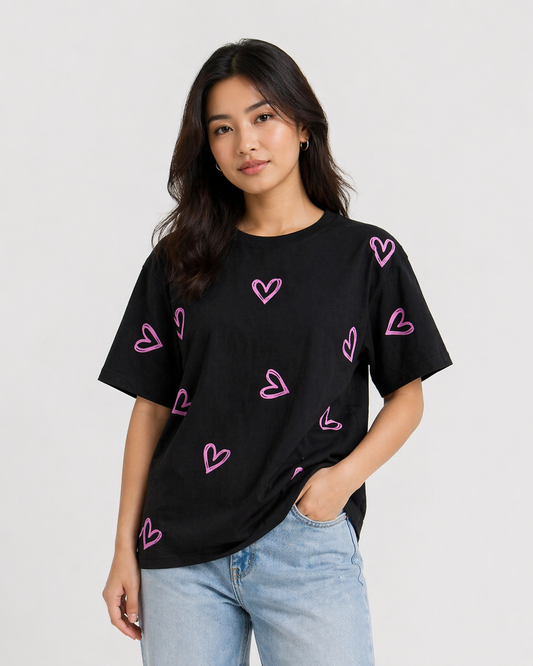 Women's Oversized Black Heart Print T-Shirt | Premium Cotton Graphic Tee