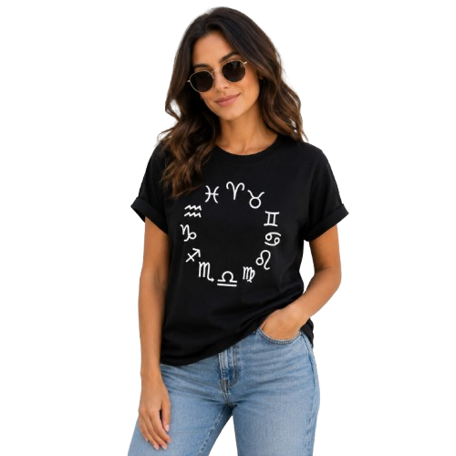 Black Zodiac Sign Printed T-Shirt for Women | Aesthetic Astrology Graphic Tee by Pd Clori