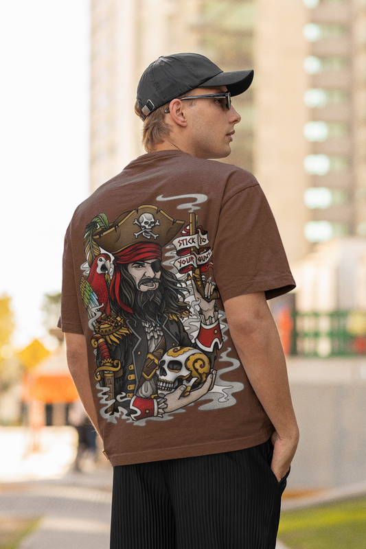 Pirates of the Caribbean Oversized Men’s Chocolate Brown Cotton T-Shirt – Movie Graphic Streetwear Tee