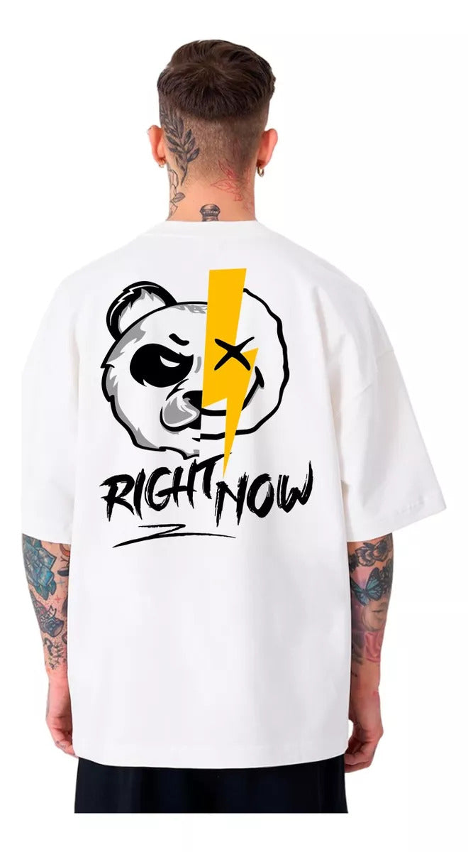 Men’s Black Oversized Graphic Tee – “RIGHT NOW” Panda Bolt Print