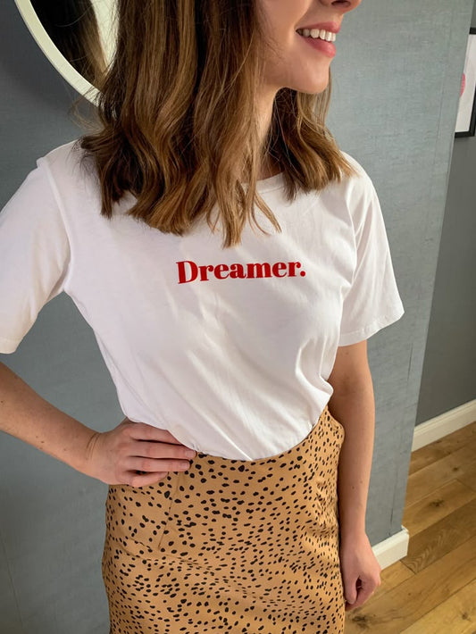 Dreamer Printed White Cotton T-Shirt for Women | Minimalist Aesthetic Tee