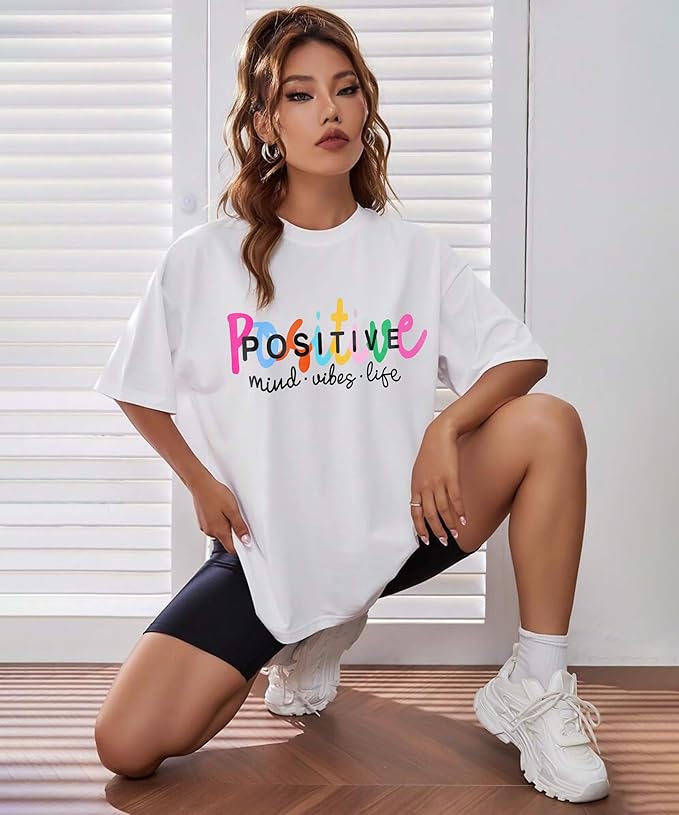 "Positive Mind Vibes Life" Oversized Graphic Printed Women’s T-Shirt | Trendy Casual Wear
