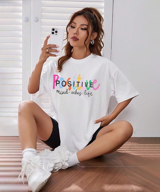 "Positive Mind Vibes Life" Oversized Graphic Printed Women’s T-Shirt | Trendy Casual Wear
