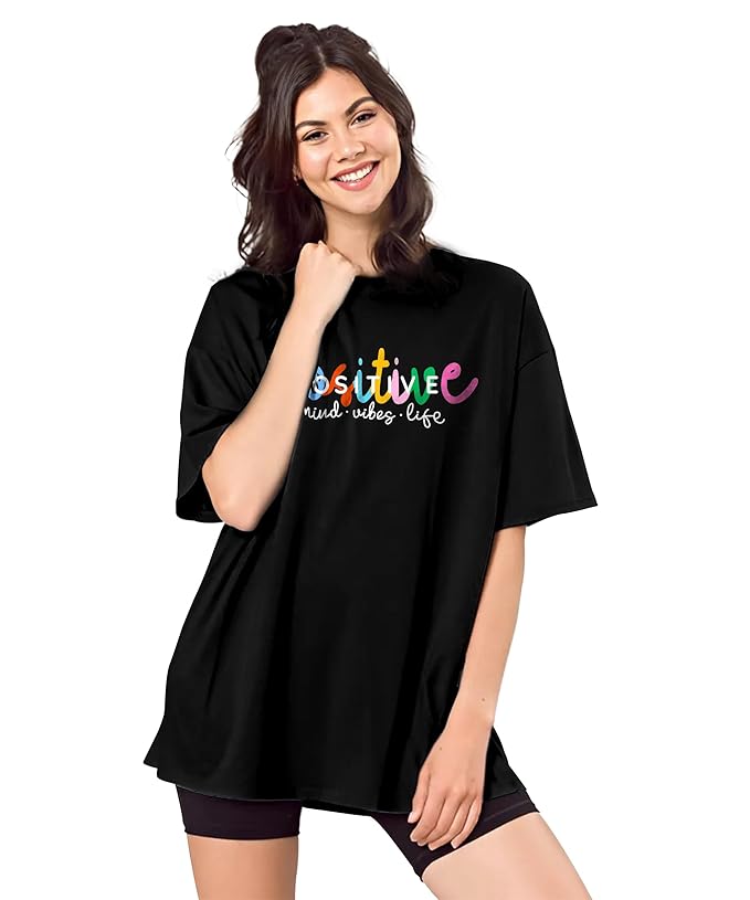 "Positive Mind Vibes Life" Oversized Graphic Printed Women’s T-Shirt | Trendy Casual Wear