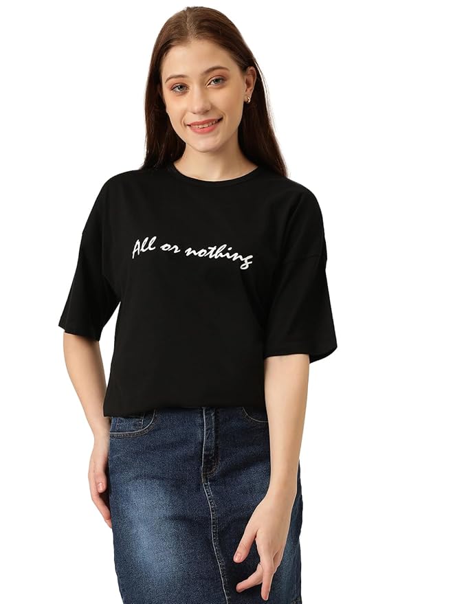 “All or Nothing” Oversized Women’s Black Slogan T-Shirt | Casual Street Style