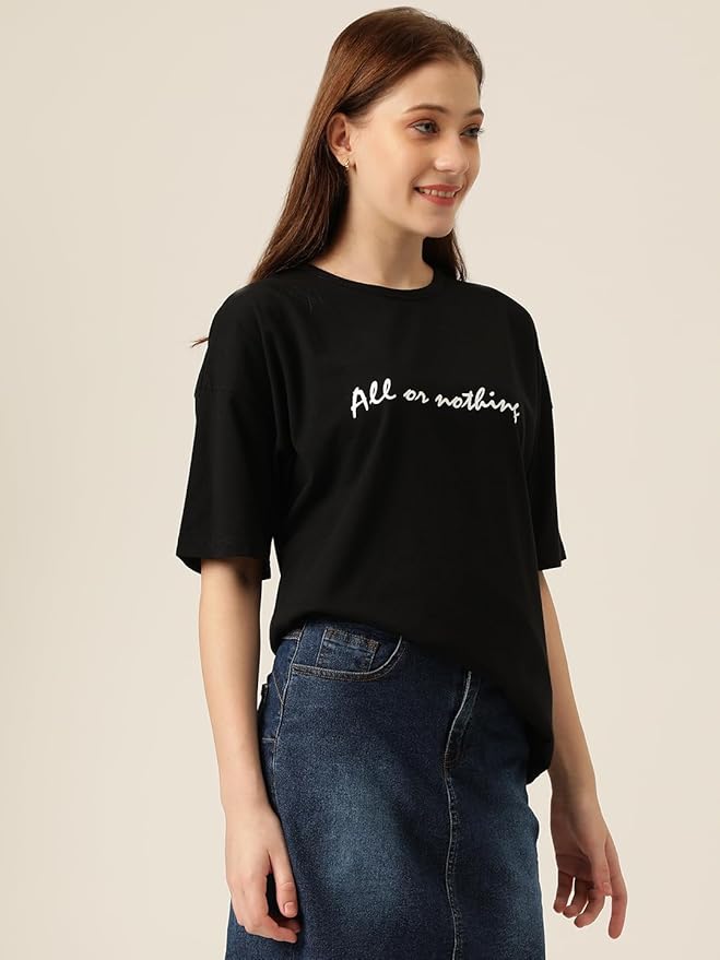 “All or Nothing” Oversized Women’s Black Slogan T-Shirt | Casual Street Style
