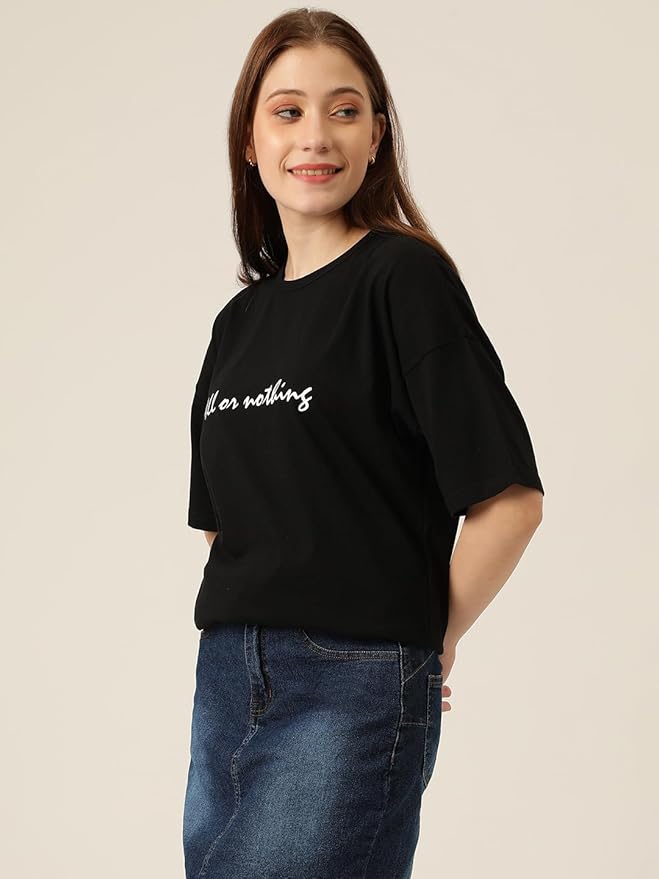 “All or Nothing” Oversized Women’s Black Slogan T-Shirt | Casual Street Style