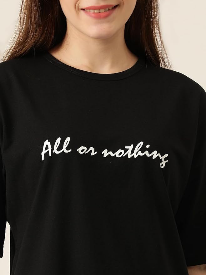 “All or Nothing” Oversized Women’s Black Slogan T-Shirt | Casual Street Style