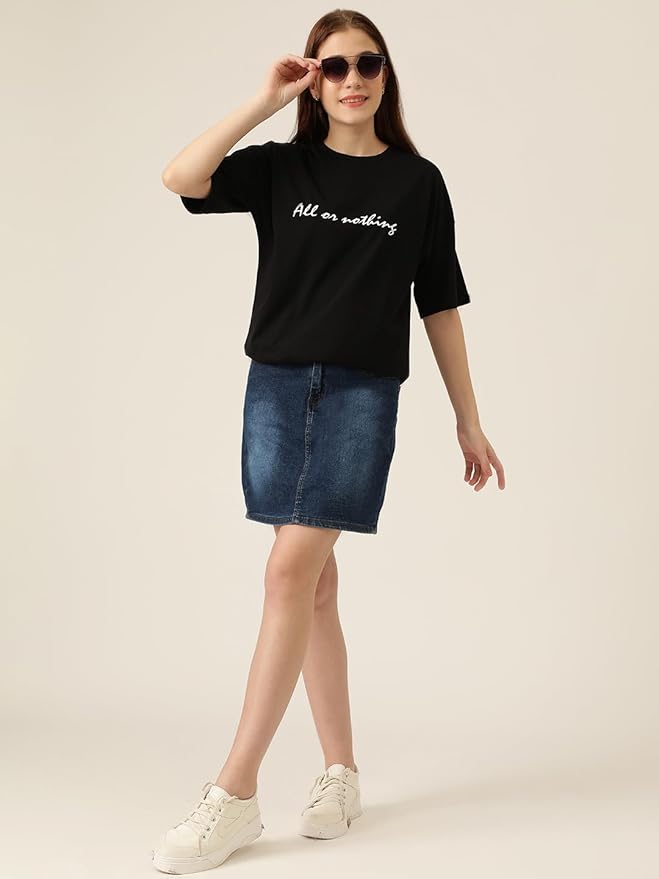 “All or Nothing” Oversized Women’s Black Slogan T-Shirt | Casual Street Style