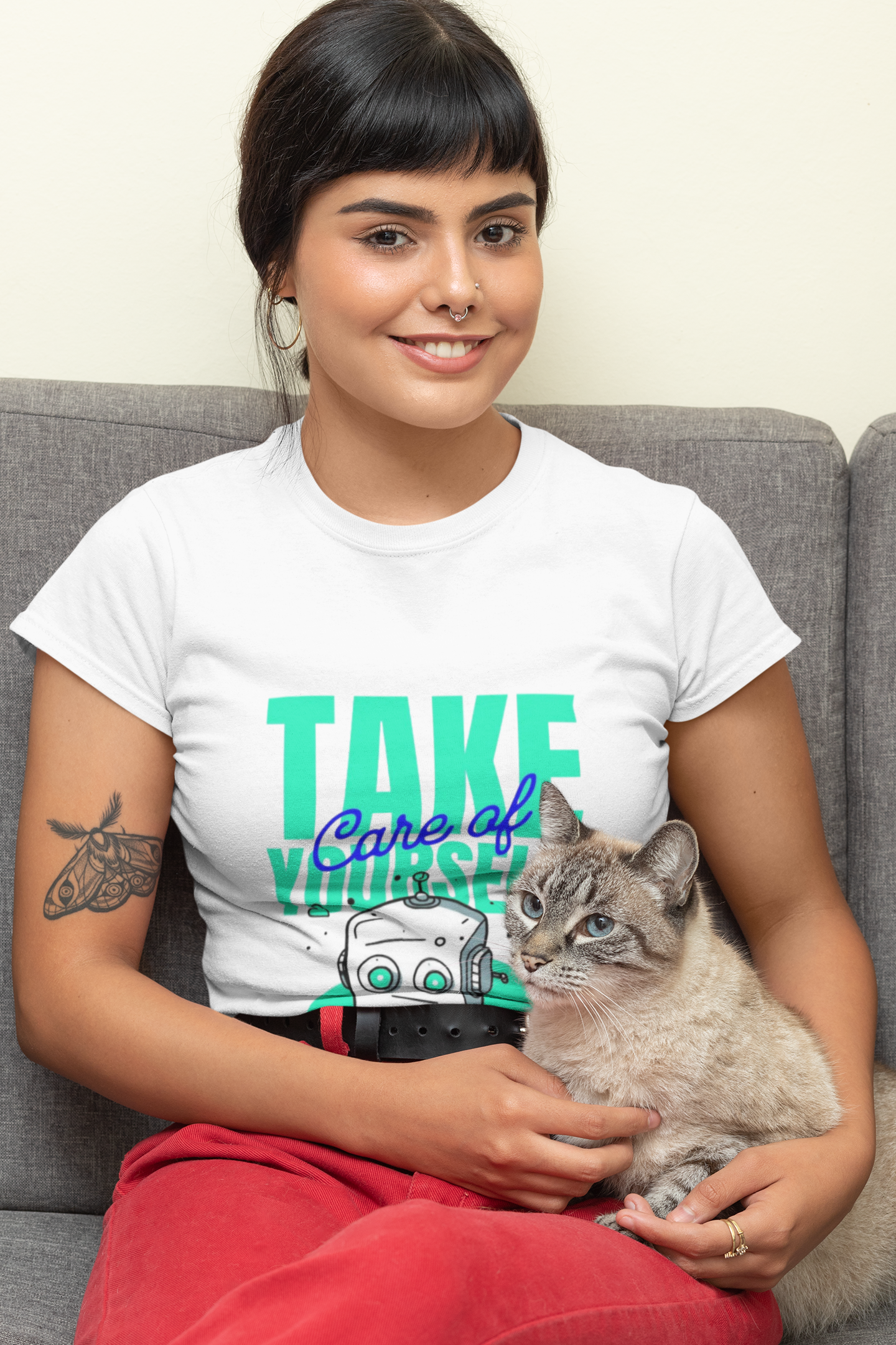 Take Care of Yourself Cute Robot Graphic Black T-Shirt