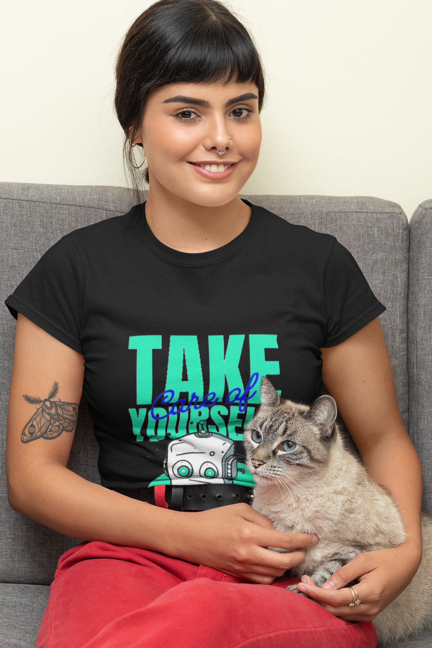 Take Care of Yourself Cute Robot Graphic Black T-Shirt