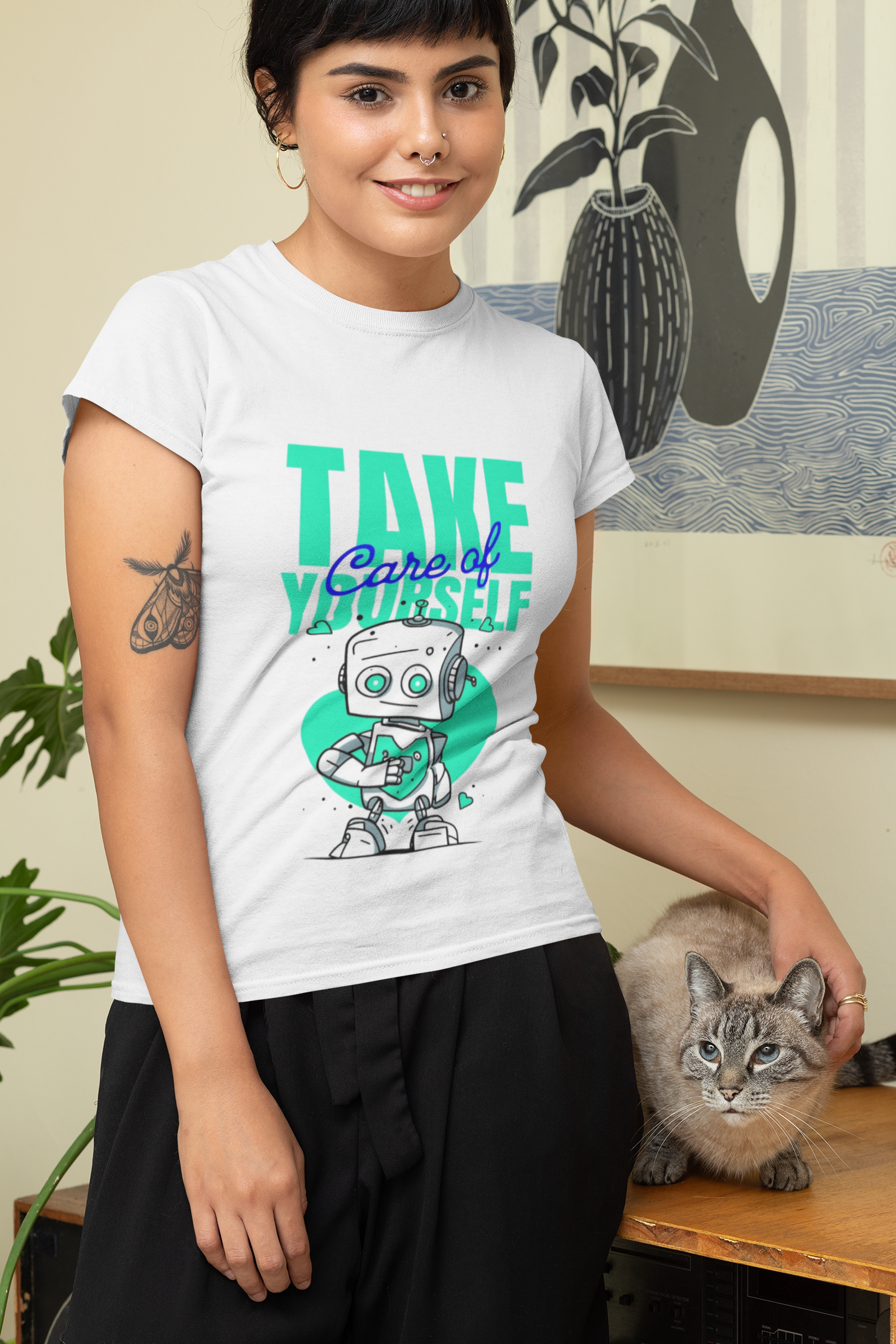 Take Care of Yourself Cute Robot Graphic Black T-Shirt