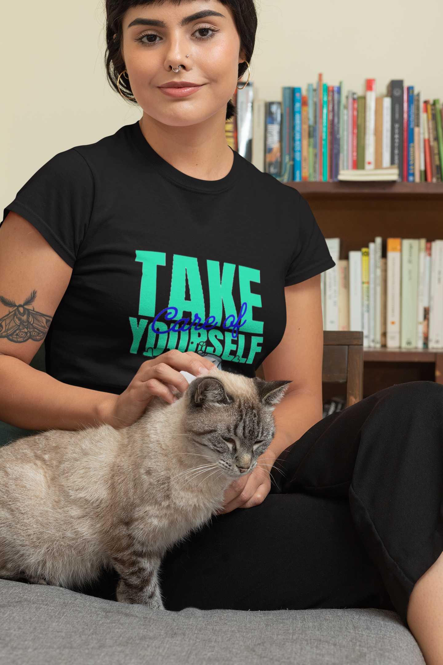 Take Care of Yourself Cute Robot Graphic Black T-Shirt