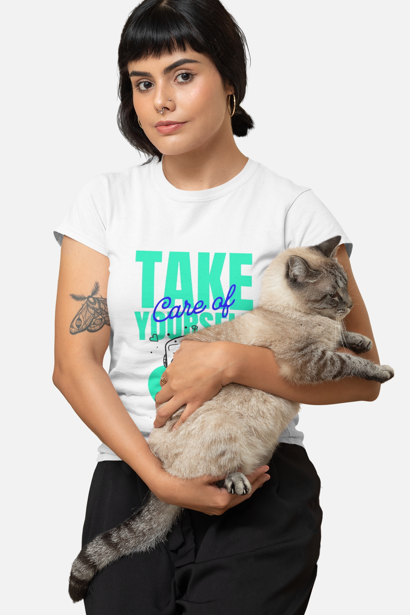 Take Care of Yourself Cute Robot Graphic Black T-Shirt