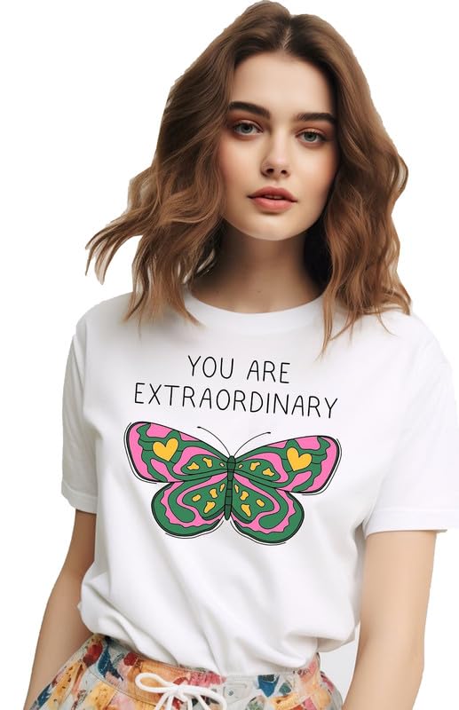 "You Are Extraordinary" Butterfly Graphic White T-Shirt