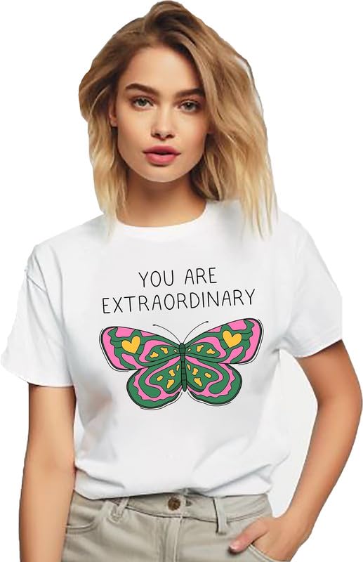 "You Are Extraordinary" Butterfly Graphic White T-Shirt