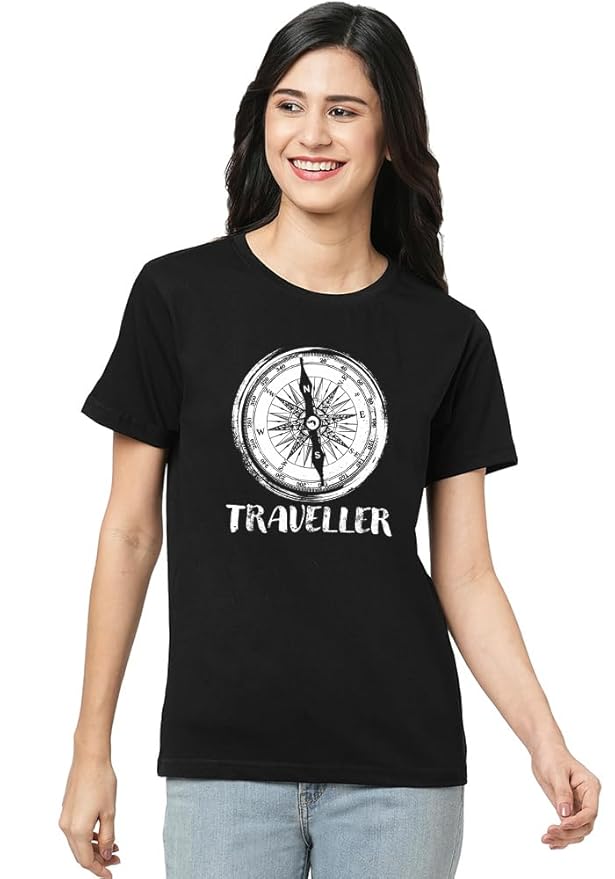 Black “Traveller” Compass Graphic T-Shirt for women