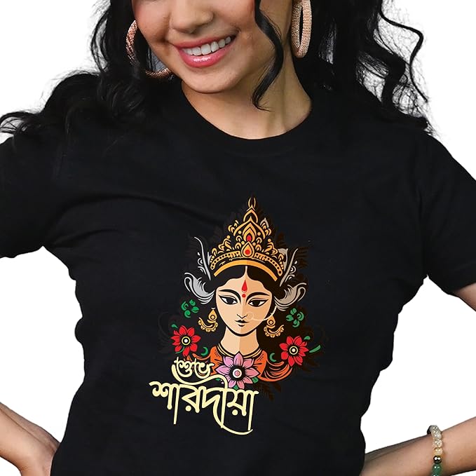 White Durga Face Graphic Tee – Shubho Sharodiya Festival Special