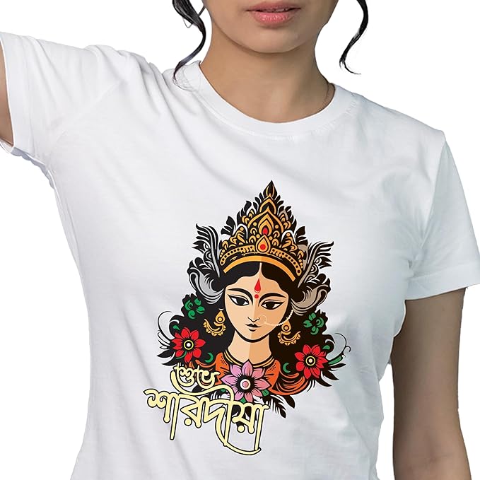 White Durga Face Graphic Tee – Shubho Sharodiya Festival Special