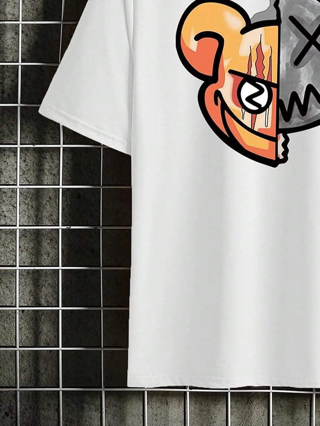 Minimalist White T-Shirt with Split Teddy Bear Chest Print